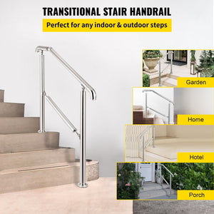3 Step Stainless Steel Handrail | Adjustable Transitional Railing for 1-3 Steps | 220lbs Capacity | Indoor & Outdoor Stair Rail with Install Kit