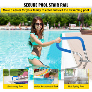 Pool Rail 32x23cm | 304 Stainless Steel Swimming Pool Handrail | 250lbs Capacity | Silver with Blue Grip Cover & Install Kit