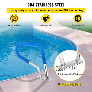 Pool Rail 32x23cm | 304 Stainless Steel Swimming Pool Handrail | 250lbs Capacity | Silver with Blue Grip Cover & Install Kit