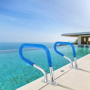 Pool Rail 32x23cm | 304 Stainless Steel Swimming Pool Handrail | 250lbs Capacity | Silver with Blue Grip Cover & Install Kit