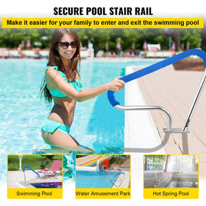 Pool Rail 39x32cm | 304 Stainless Steel Swimming Pool Handrail | 250lbs Capacity | Silver with Blue Grip Cover & Install Kit