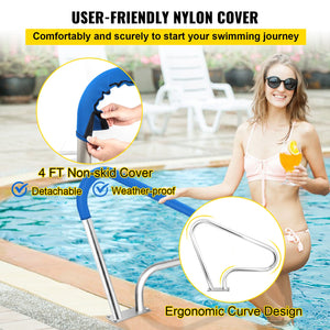 Pool Rail 39x32cm | 304 Stainless Steel Swimming Pool Handrail | 250lbs Capacity | Silver with Blue Grip Cover & Install Kit