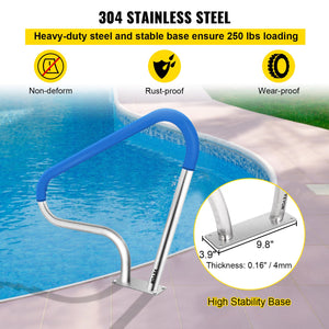 Pool Rail 39x32cm | 304 Stainless Steel Swimming Pool Handrail | 250lbs Capacity | Silver with Blue Grip Cover & Install Kit