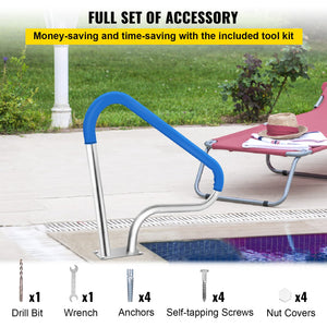 Pool Rail 39x32cm | 304 Stainless Steel Swimming Pool Handrail | 250lbs Capacity | Silver with Blue Grip Cover & Install Kit