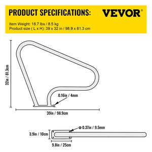 Pool Rail 39x32cm | 304 Stainless Steel Swimming Pool Handrail | 250lbs Capacity | Silver with Blue Grip Cover & Install Kit