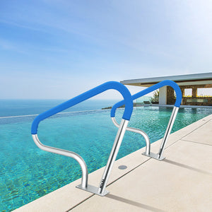 Pool Rail 39x32cm | 304 Stainless Steel Swimming Pool Handrail | 250lbs Capacity | Silver with Blue Grip Cover & Install Kit
