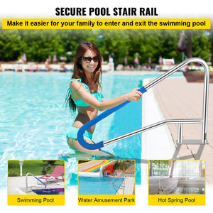 Pool Rail 54x36cm | 304 Stainless Steel Swimming Pool Handrail | 250lbs Capacity | Silver with Blue Grip Cover & Install Kit