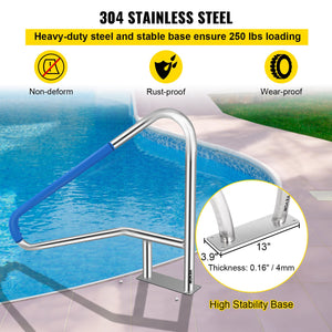 Pool Rail 54x36cm | 304 Stainless Steel Swimming Pool Handrail | 250lbs Capacity | Silver with Blue Grip Cover & Install Kit