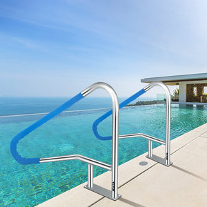 Pool Rail 54x36cm | 304 Stainless Steel Swimming Pool Handrail | 250lbs Capacity | Silver with Blue Grip Cover & Install Kit