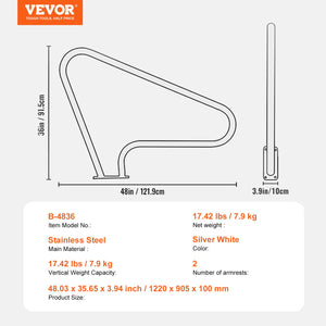 Pool Handrail 2-Pack | 48x36" Stainless Steel Spa Rails with Base Plate