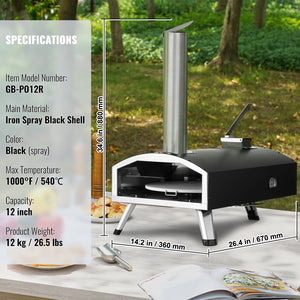 Outdoor Wood Pellet Pizza Oven 12" | Built-In Thermometer, Rotating Stone, Carry Bag & Shovel | For Backyard, Patio & Camping | Black