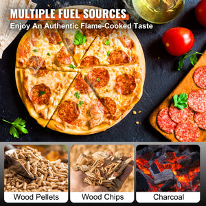Outdoor Pizza Oven 12 Inch | Wood Pellet & Charcoal Fired Pizza Maker | Portable Stainless Steel Grill with Stone, Cover, Shovel & Wood Burner | Backyard & Camping
