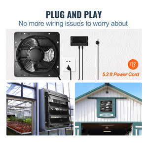 Shutter Exhaust Fan 16 Inch 406mm | Temperature & Humidity Controller | EC-Motor 1747 CFM | Variable Speed Wall Mount Fan | For Greenhouses, Garages & Sheds