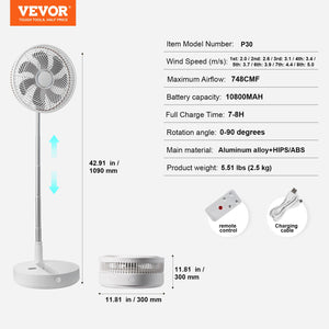 Foldable Oscillating Fan 12 Inch | 7200mAh Rechargeable Desk & Floor Fan | 4 Speeds | Remote Control & Quiet Operation