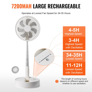 Foldable Oscillating Fan 8 Inch | Rechargeable 7200mAh Portable Desk & Floor Fan with Remote | 4 Speeds | Quiet Operation