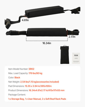 Soft Roof Rack Pads | 15.5" 176lb Load Capacity for Kayak, Canoe, Surfboard