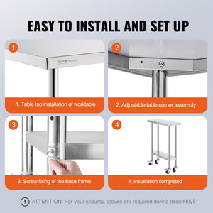 Stainless Steel Work Table | 30x12x38" Food Prep Table with 4 Wheels | Adjustable Height Levels for Commercial Kitchen
