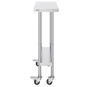 Stainless Steel Work Table | 30x12x38" Food Prep Table with 4 Wheels | Adjustable Height Levels for Commercial Kitchen