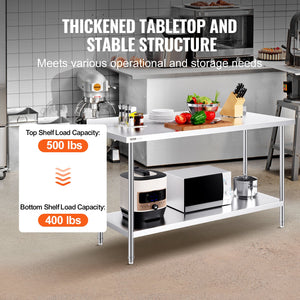 Stainless Steel Work Table 24x60x36 Inch | Commercial Food Prep Table | Heavy Duty Adjustable Height | For Restaurant, Home & Hotel Kitchens