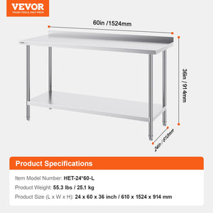 Stainless Steel Work Table 24x60x36 Inch | Commercial Food Prep Table | Heavy Duty Adjustable Height | For Restaurant, Home & Hotel Kitchens