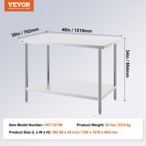 Stainless Steel Prep Table | 30x48x34" Adjustable Height | Commercial Kitchen & Garage Workstation