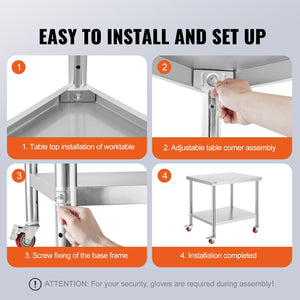 Stainless Steel Work Table | 30x36x34" Commercial Prep Table with Wheels | Adjustable Shelf & Brakes
