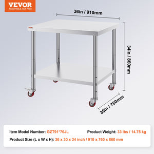 Stainless Steel Work Table | 30x36x34" Commercial Prep Table with Wheels | Adjustable Shelf & Brakes