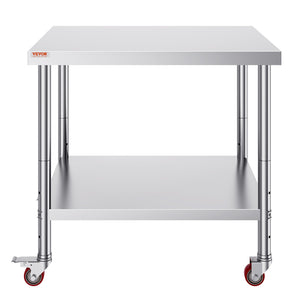 Stainless Steel Work Table | 30x36x34" Commercial Prep Table with Wheels | Adjustable Shelf & Brakes