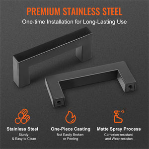 Cabinet Pulls 10 Pack | 3in / 76mm Centre Slim Square Stainless Steel Drawer Handles | Modern Kitchen Cupboard Door Hardware | Matte Black