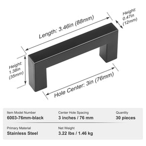 Cabinet Pulls 30 Pack | 3in / 76mm Centre Slim Square Stainless Steel Drawer Handles | Modern Kitchen Cupboard Door Hardware | Matte Black