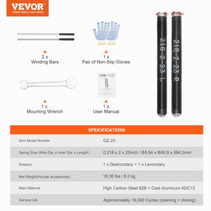 Garage Door Torsion Springs | Pair 0.218x2x23" with Winding Bars
