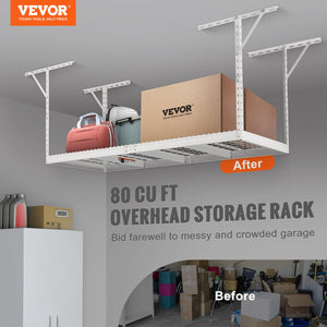 Overhead Garage Storage Rack 91.44x243.84cm | Adjustable Ceiling Mounted Cold Rolled Steel Shelf | 272kg Capacity | 22"-40" Height | White