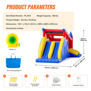 Inflatable Bounce House 4.6x2.6x2.3m | Outdoor Playhouse Trampoline with Blower, Slide & Storage Bag | Family Backyard Bouncy Castle for Kids 3-8 Years