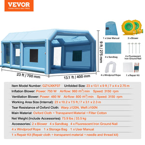 Inflatable Paint Booth 23x13.1x9FT | Includes 750W & 480W Blowers | Portable Spray Booth for Car & Furniture Painting