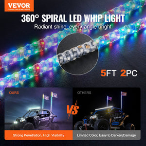 LED Whip Lights 2 Pack 5FT | APP & RF Remote Control | Waterproof RGB Chasing Whips with 4 Flags | For UTV, ATV, Off-Road & Trucks