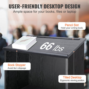 Podium Stand | 47" Hostess Lectern with Wheels & Storage Shelves | Black Wood Reception Desk