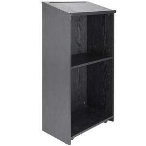 Podium Stand | 47" Hostess Lectern with Wheels & Storage Shelves | Black Wood Reception Desk