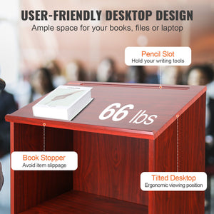 Podium Stand | 47" Rolling Hostess Stand | Brown Wood with Storage Shelves & Slanted Top