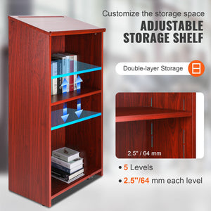 Podium Stand | 47" Rolling Hostess Stand | Brown Wood with Storage Shelves & Slanted Top