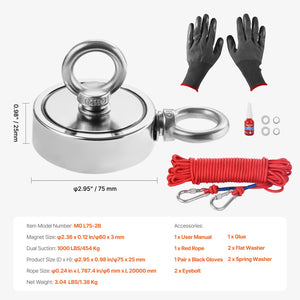 Fishing Magnet Kit | 454kg Double-Sided Pull Force with Rope & Hook