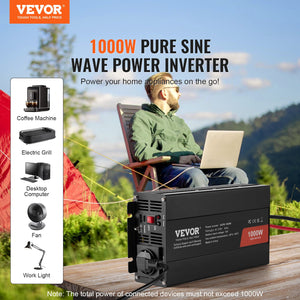 Pure Sine Wave Inverter 1000W | DC 12V to AC 230V | 2 AC, 2 USB, Type-C, Remote Control | CE/FCC Certified