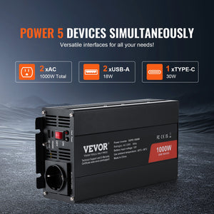Pure Sine Wave Inverter 1000W | DC 12V to AC 230V | 2 AC, 2 USB, Type-C, Remote Control | CE/FCC Certified