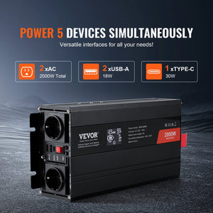 Pure Sine Wave Inverter 2000W | Power Inverter with 2 AC Outlets, 2 USB & 1 Type-C | LCD Display & Remote | CE FCC Certified