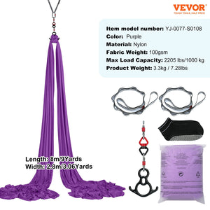 Aerial Silk & Yoga Swing 8m Purple | Antigravity Hammock Kit with Nylon Fabric & Rigging Hardware | Suitable for All Levels Fitness & Bodybuilding