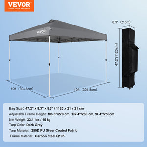 Pop-Up Canopy Tent 10x10FT | 250D PU Silver Coated Waterproof Tarp | Includes Roller Bag & 4 Sandbags | Outdoor Party, Camping & Commercial Gazebo | Dark Grey