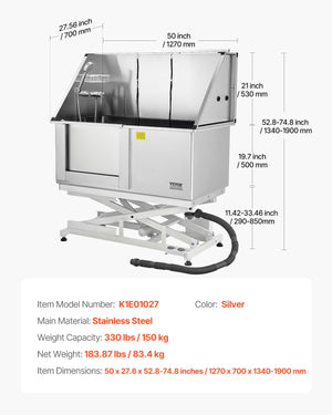 Dog Grooming Tub | 127cm Electric Stainless Steel with Filter | Left Entry