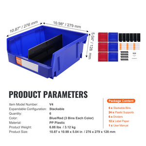 Plastic Storage Bins 6 Pack | 276x279x128mm | Stackable Blue/Red Containers