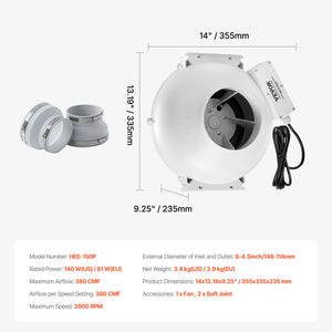 Radon Mitigation Fan | 4–4.5" Quiet 380CFM Inline Duct Waterproof System