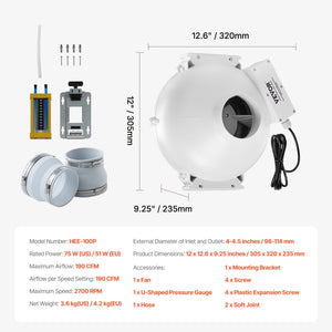 Radon Mitigation Fan Kit | 4" to 4.5" Inline Duct Fan | Quiet 190 CFM Airflow