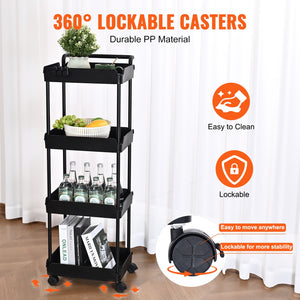 4-Tier Kitchen Rolling Cart | Black Utility Basket with Wheels & Handle
